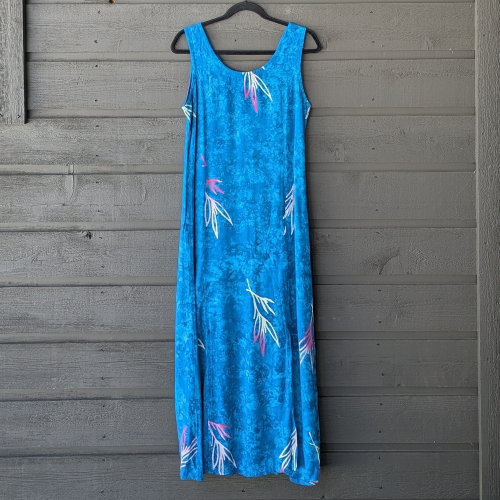Bali Batiks ResortWear Tie Dye Aqua Blue Maxi Tank Dress Sexy Slits Size Medium - Picture 8 of 8
